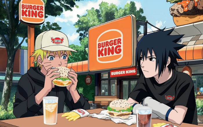 Naruto et Sasuke dégustant un burger devant un restaurant Burger King