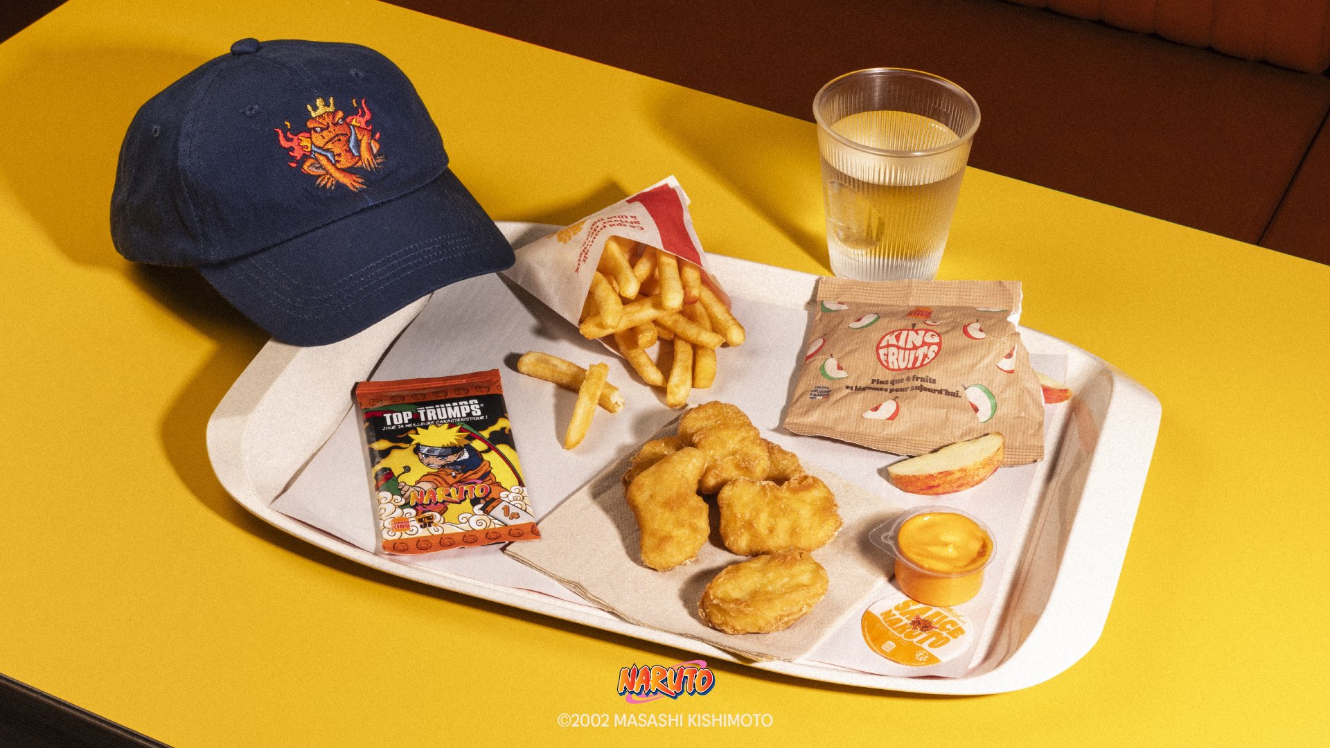 Menu enfant Naruto chez Burger King avec nuggets, frites, boisson et carte à collectionner
