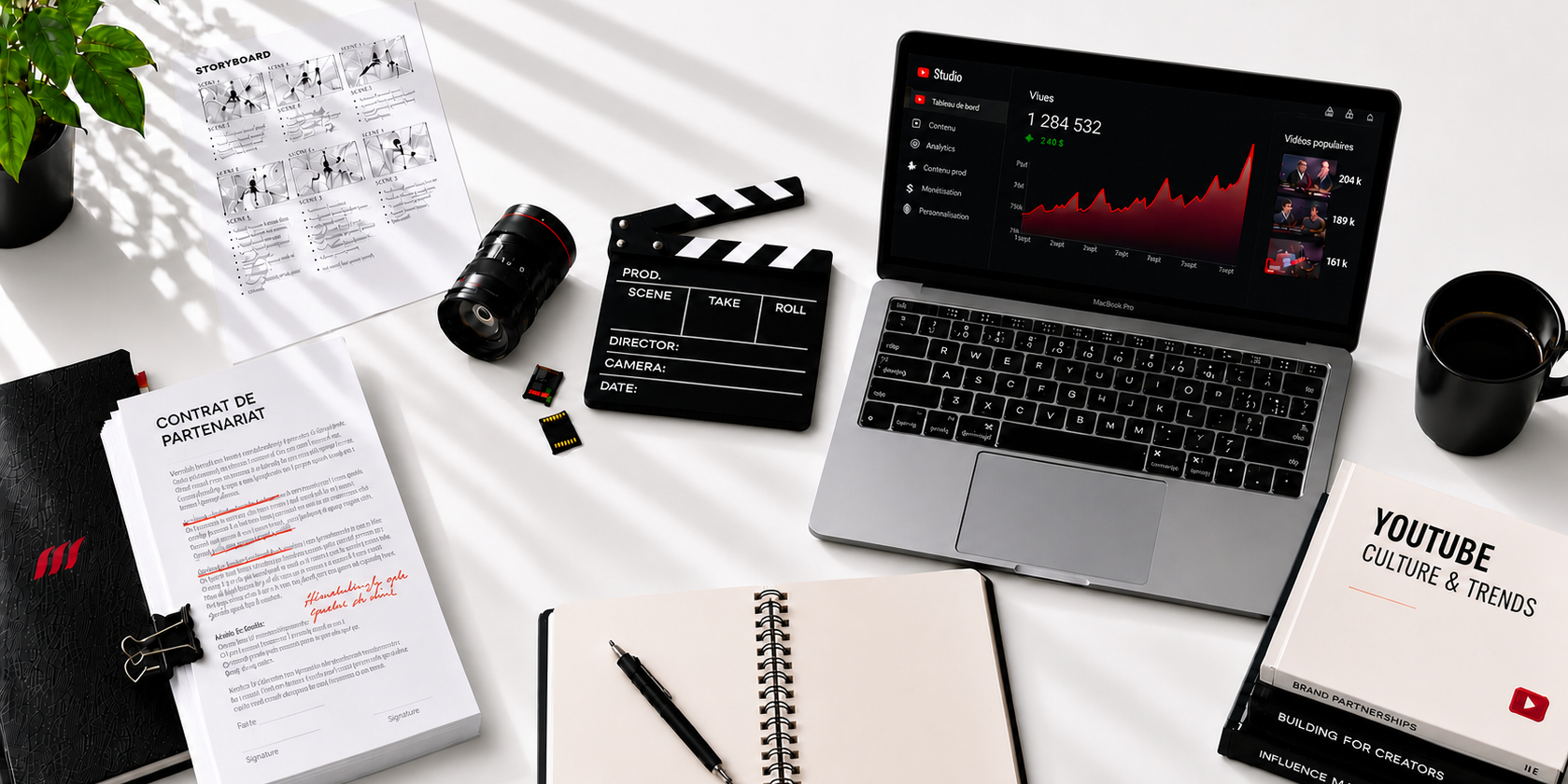 Bureau de management YouTube avec plan de tournage, statistiques vidéo et contrat de partenariat